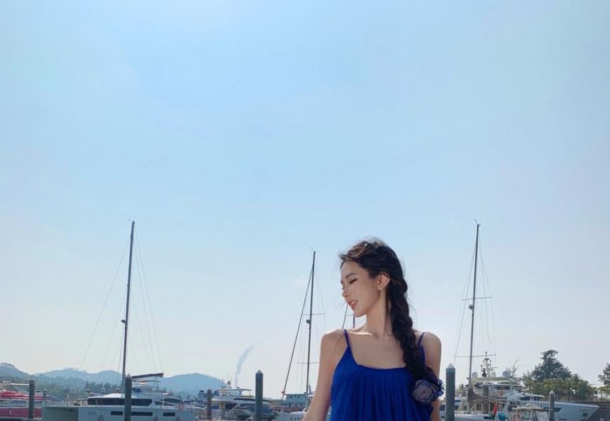 Spaghetti Strap Scoop Neck Plain Ruffle Trim Maxi A-Line Dress