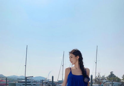 Spaghetti Strap Scoop Neck Plain Ruffle Trim Maxi A-Line Dress