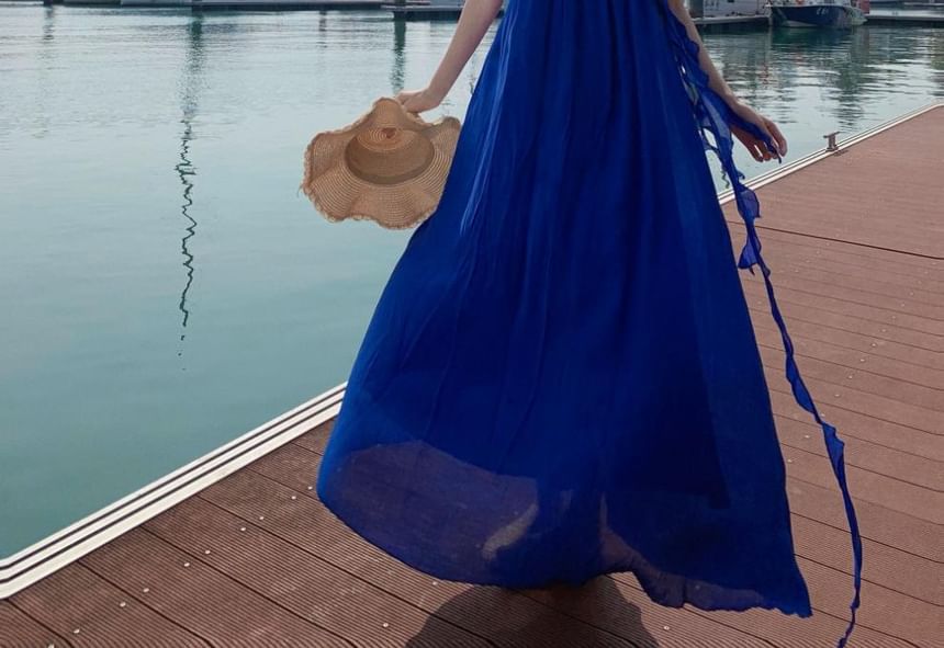 Spaghetti Strap Scoop Neck Plain Ruffle Trim Maxi A-Line Dress