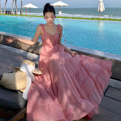 Spaghetti Strap V-Neck Plain Ruffle Trim Maxi A-Line Dress