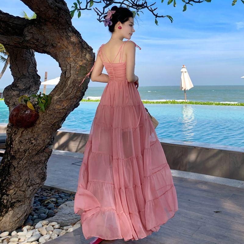 Spaghetti Strap V-Neck Plain Ruffle Trim Maxi A-Line Dress