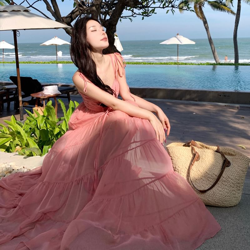 Spaghetti Strap V-Neck Plain Ruffle Trim Maxi A-Line Dress