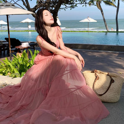 Spaghetti Strap V-Neck Plain Ruffle Trim Maxi A-Line Dress