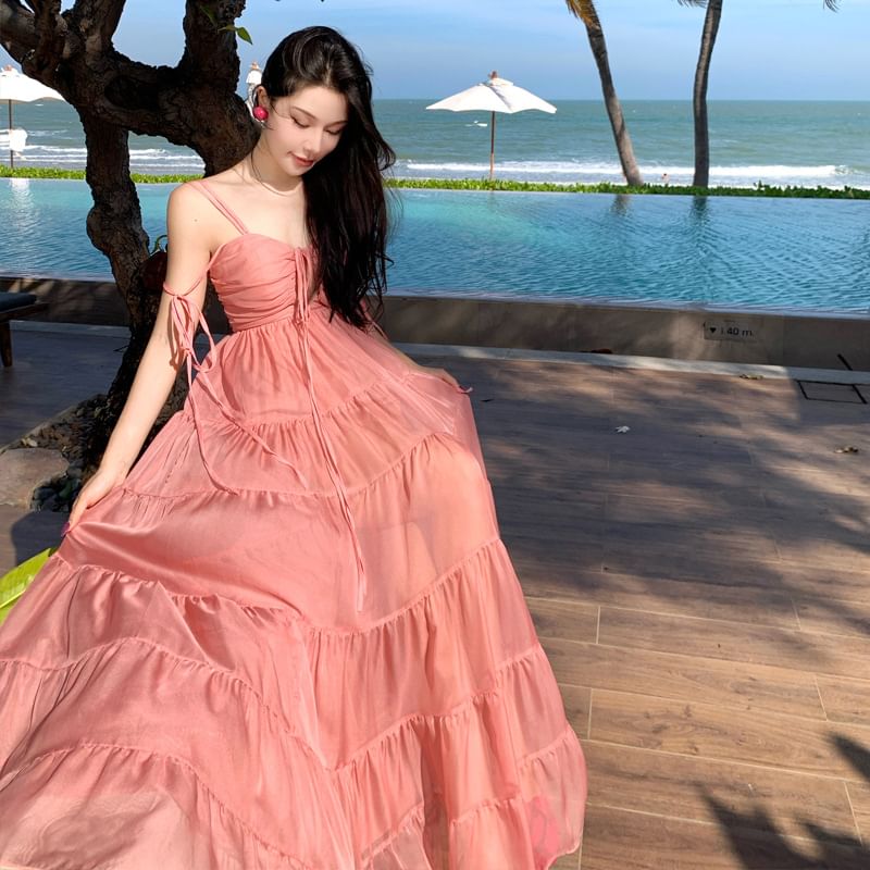 Spaghetti Strap V-Neck Plain Ruffle Trim Maxi A-Line Dress