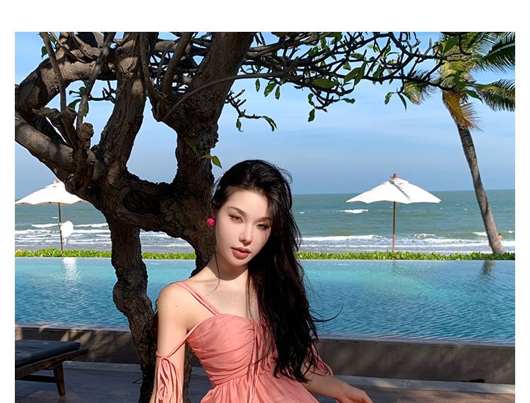 Spaghetti Strap V-Neck Plain Ruffle Trim Maxi A-Line Dress