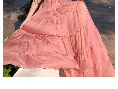 Spaghetti Strap V-Neck Plain Ruffle Trim Maxi A-Line Dress