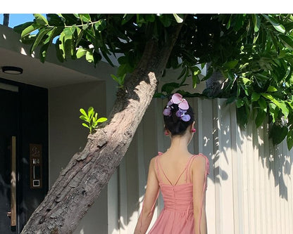 Spaghetti Strap V-Neck Plain Ruffle Trim Maxi A-Line Dress