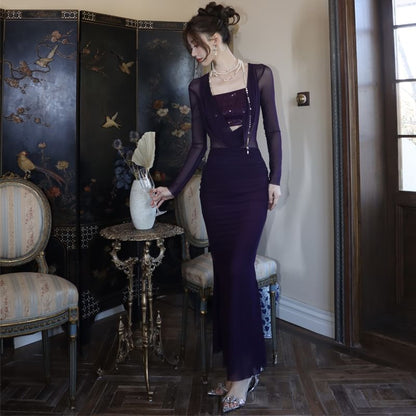 Long Sleeve Cowl Neck Plain Sequined Panel Bodycon Maxi Dress