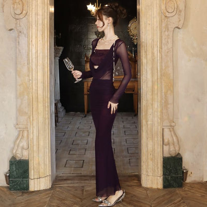 Long Sleeve Cowl Neck Plain Sequined Panel Bodycon Maxi Dress