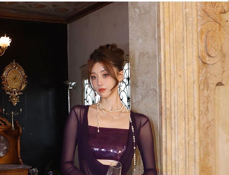 Long Sleeve Cowl Neck Plain Sequined Panel Bodycon Maxi Dress