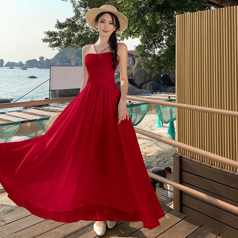 Spaghetti Strap Plain Ruched Maxi A-Line Dress