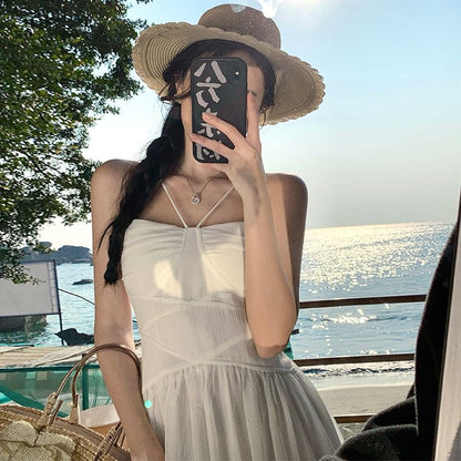 Spaghetti Strap Plain Ruched Maxi A-Line Dress