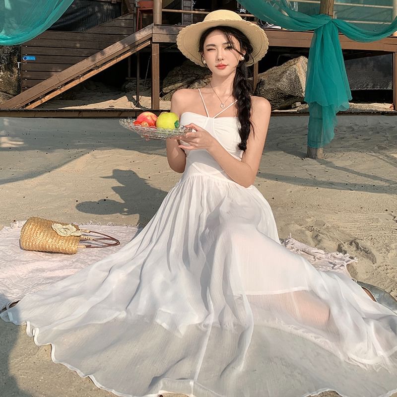 Spaghetti Strap Plain Ruched Maxi A-Line Dress