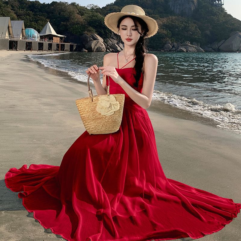 Spaghetti Strap Plain Ruched Maxi A-Line Dress