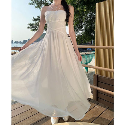 Spaghetti Strap Plain Ruched Maxi A-Line Dress