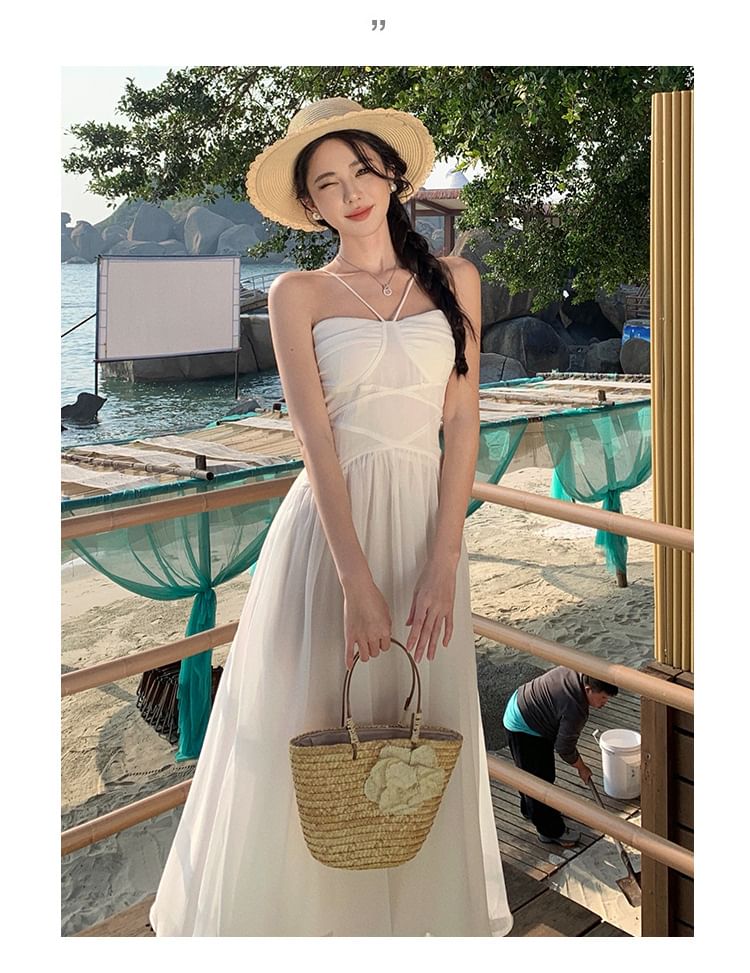 Spaghetti Strap Plain Ruched Maxi A-Line Dress