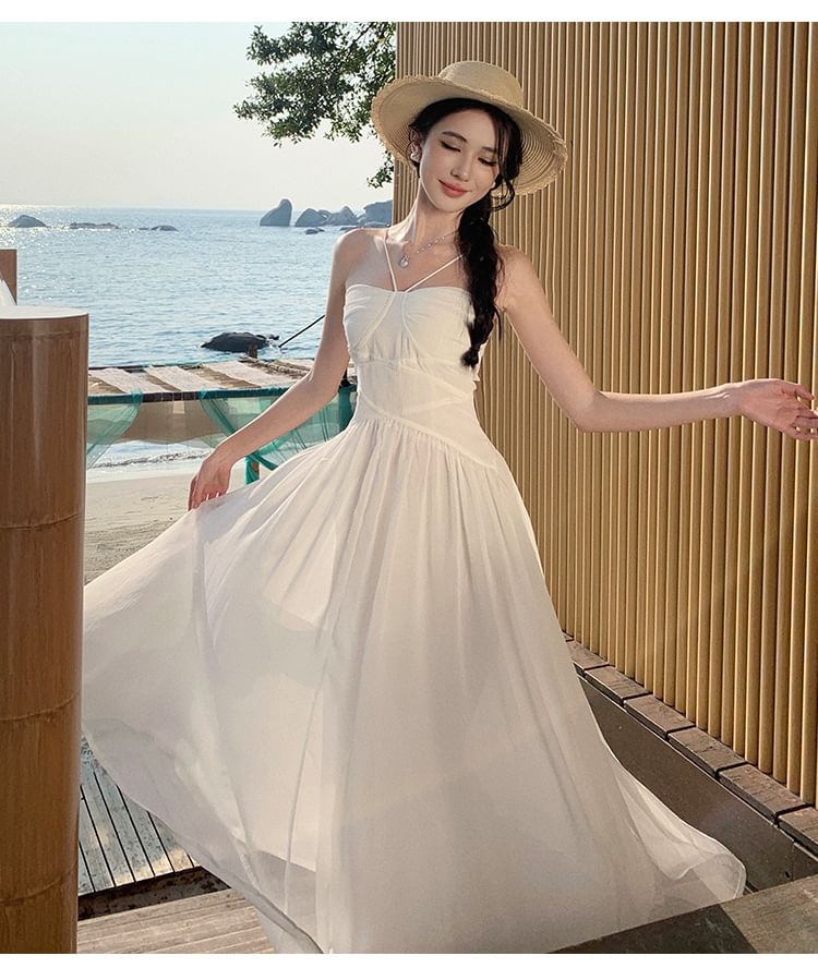 Spaghetti Strap Plain Ruched Maxi A-Line Dress