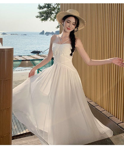 Spaghetti Strap Plain Ruched Maxi A-Line Dress