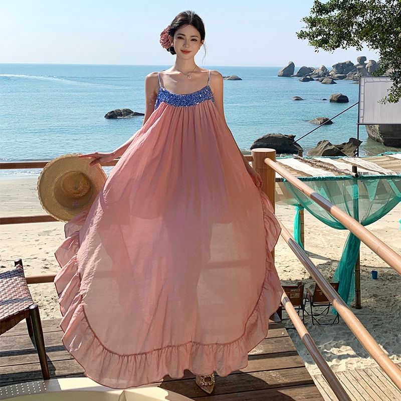 Spaghetti Strap Sequined Panel Ruffle Hem Maxi A-Line Dress