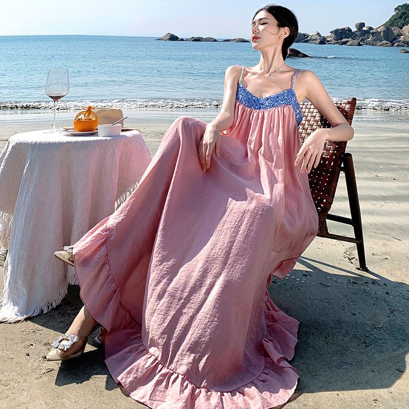 Spaghetti Strap Sequined Panel Ruffle Hem Maxi A-Line Dress