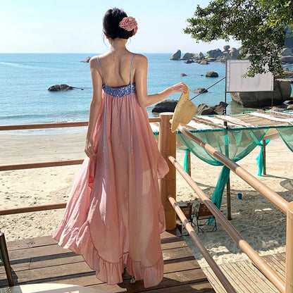 Spaghetti Strap Sequined Panel Ruffle Hem Maxi A-Line Dress