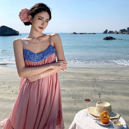 Spaghetti Strap Sequined Panel Ruffle Hem Maxi A-Line Dress