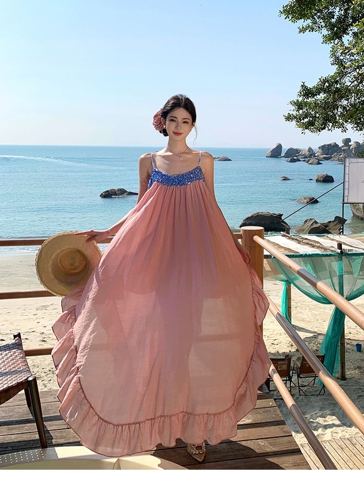 Spaghetti Strap Sequined Panel Ruffle Hem Maxi A-Line Dress
