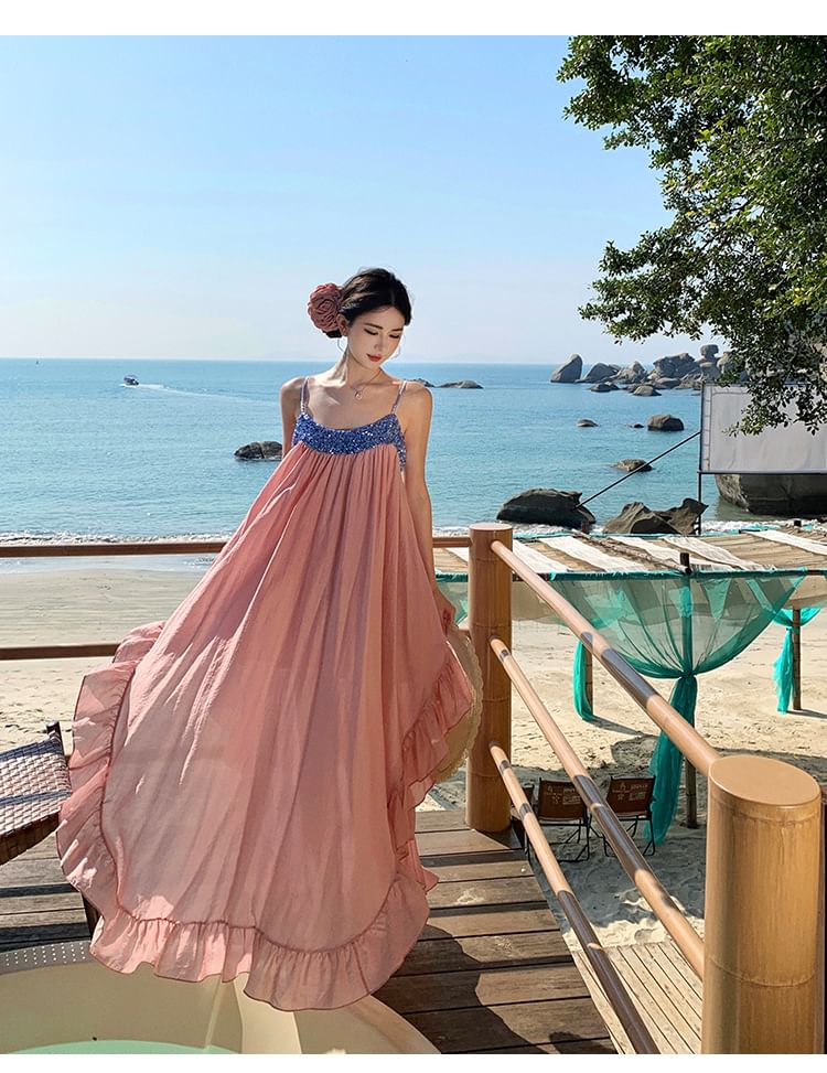 Spaghetti Strap Sequined Panel Ruffle Hem Maxi A-Line Dress