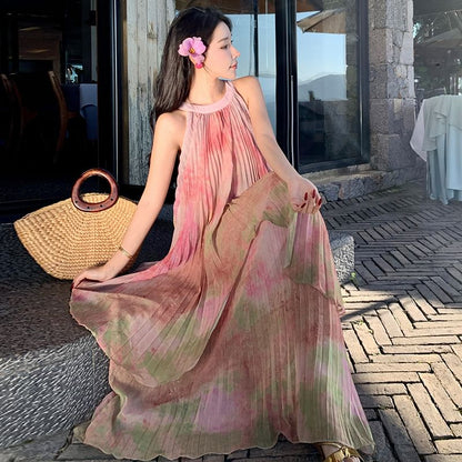 Sleeveless Crew Neck Pleated Tie Dye Maxi A-Line Dress