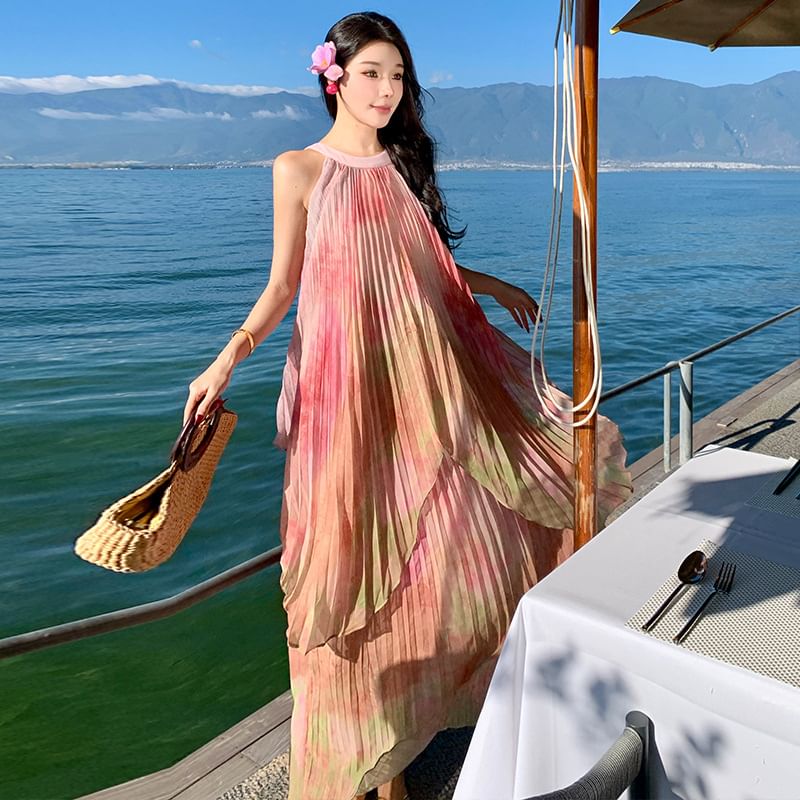 Sleeveless Crew Neck Pleated Tie Dye Maxi A-Line Dress