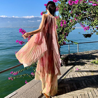 Sleeveless Crew Neck Pleated Tie Dye Maxi A-Line Dress