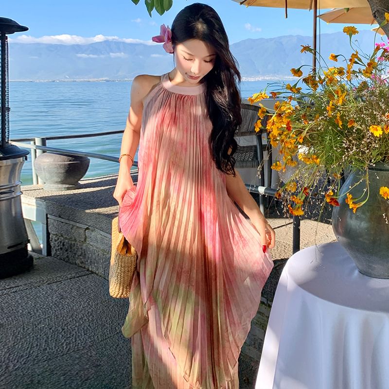 Sleeveless Crew Neck Pleated Tie Dye Maxi A-Line Dress