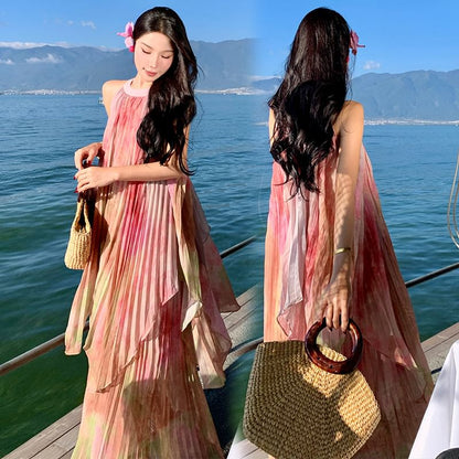 Sleeveless Crew Neck Pleated Tie Dye Maxi A-Line Dress