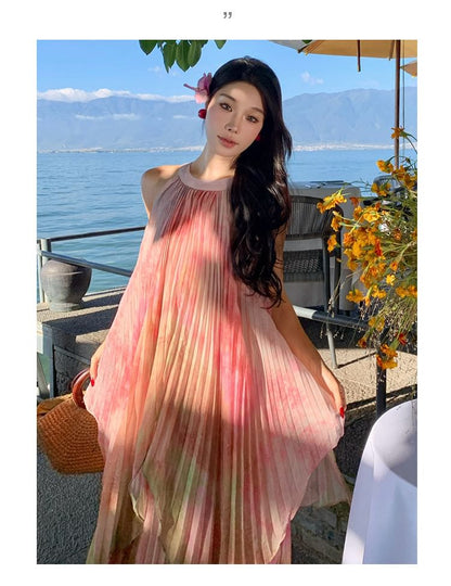 Sleeveless Crew Neck Pleated Tie Dye Maxi A-Line Dress