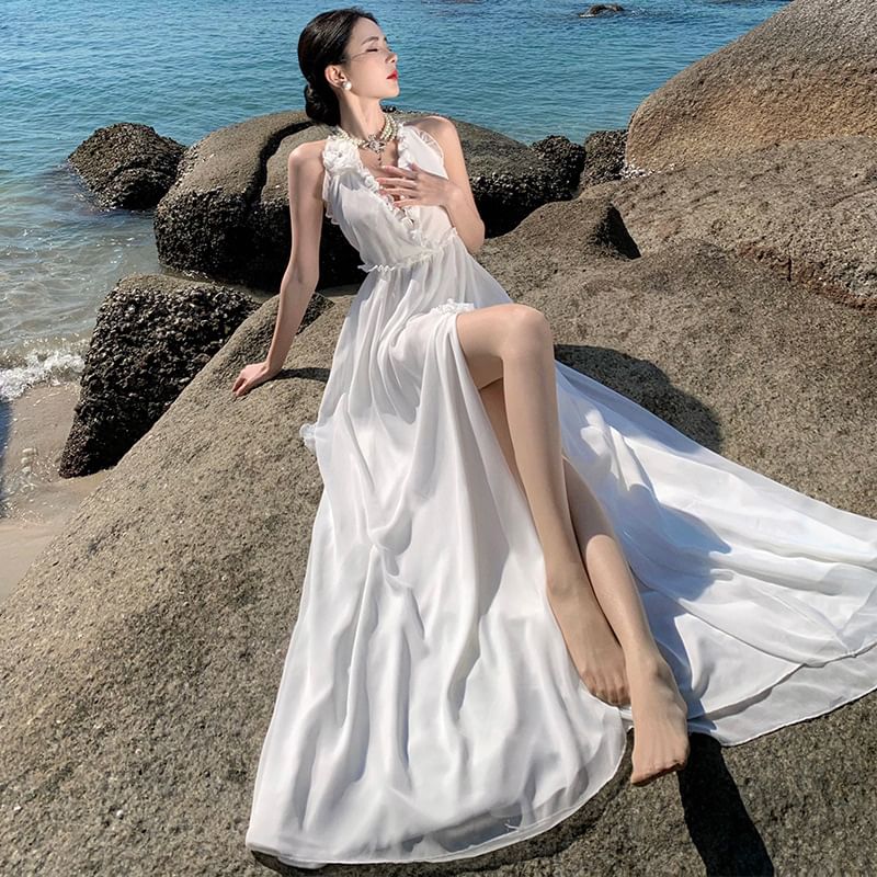 Sleeveless V-Neck Plain Slit Maxi A-Line Dress