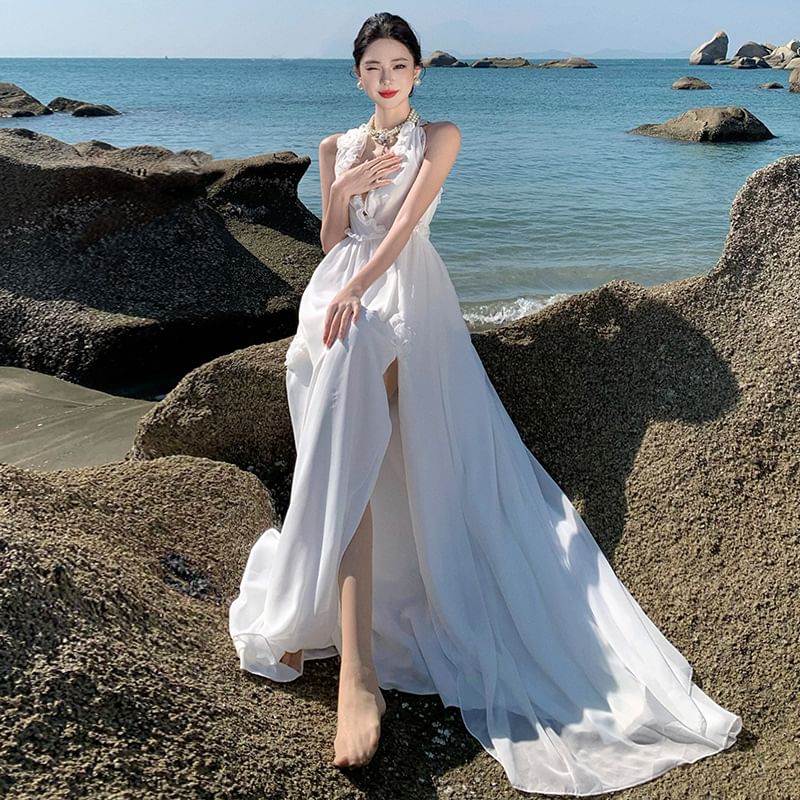 Sleeveless V-Neck Plain Slit Maxi A-Line Dress