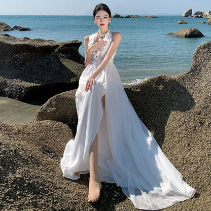 Sleeveless V-Neck Plain Slit Maxi A-Line Dress