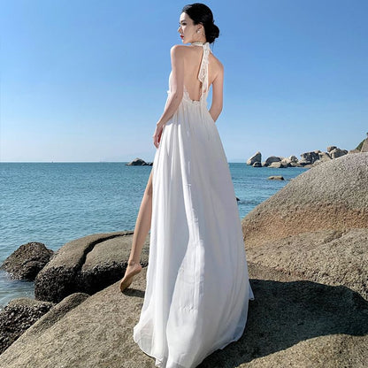 Sleeveless V-Neck Plain Slit Maxi A-Line Dress