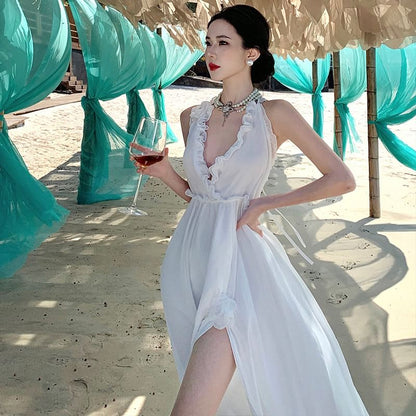 Sleeveless V-Neck Plain Slit Maxi A-Line Dress