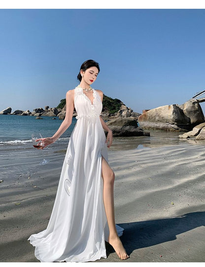 Sleeveless V-Neck Plain Slit Maxi A-Line Dress