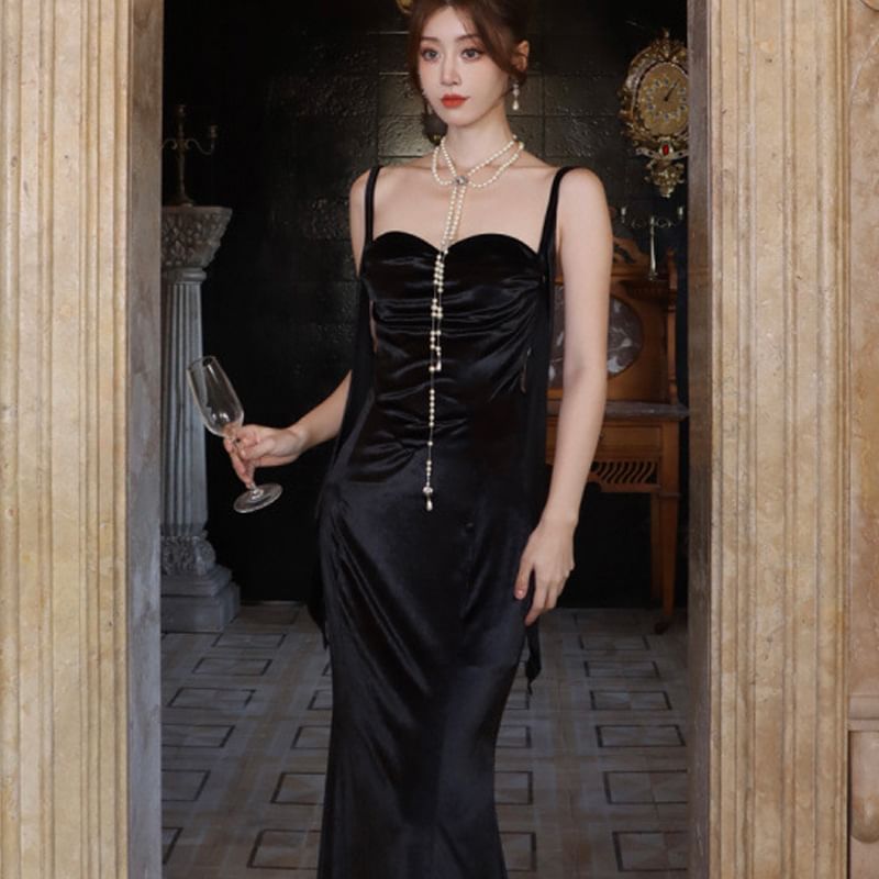 Spaghetti Strap Sweetheart Neck Plain Ruched Maxi Sheath Dress