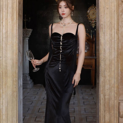 Spaghetti Strap Sweetheart Neck Plain Ruched Maxi Sheath Dress