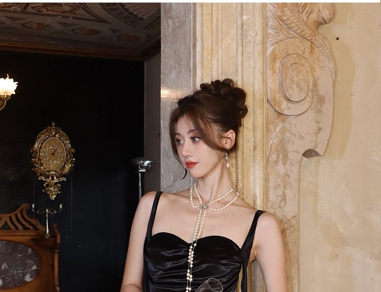 Spaghetti Strap Sweetheart Neck Plain Ruched Maxi Sheath Dress