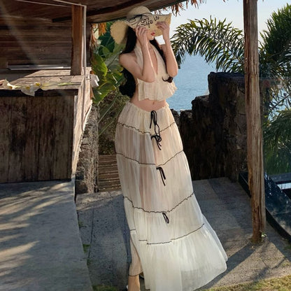 Set: Sleeveless V-Neck Plain Crop Top + Mid Rise Bow Detail Maxi A-Line Skirt