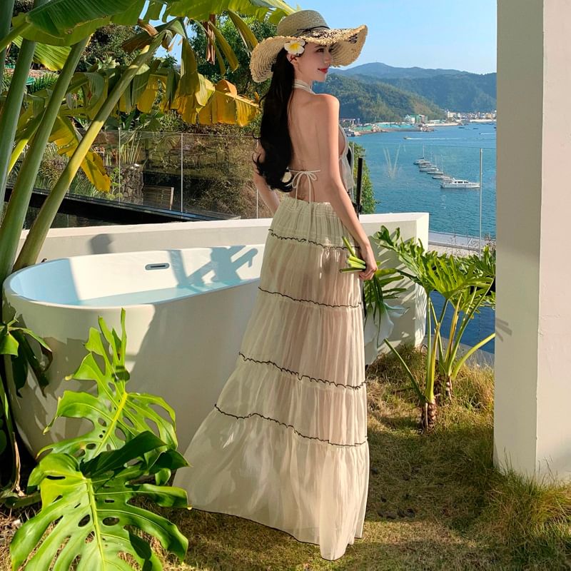 Set: Sleeveless V-Neck Plain Crop Top + Mid Rise Bow Detail Maxi A-Line Skirt