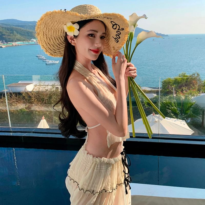 Set: Sleeveless V-Neck Plain Crop Top + Mid Rise Bow Detail Maxi A-Line Skirt