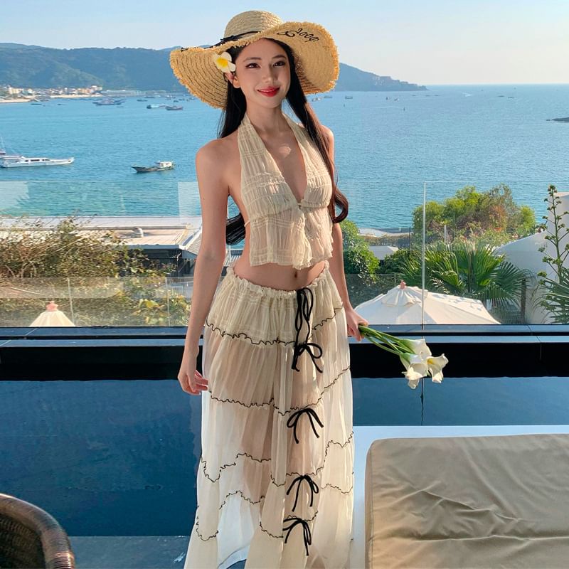 Set: Sleeveless V-Neck Plain Crop Top + Mid Rise Bow Detail Maxi A-Line Skirt