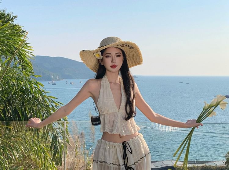 Set: Sleeveless V-Neck Plain Crop Top + Mid Rise Bow Detail Maxi A-Line Skirt