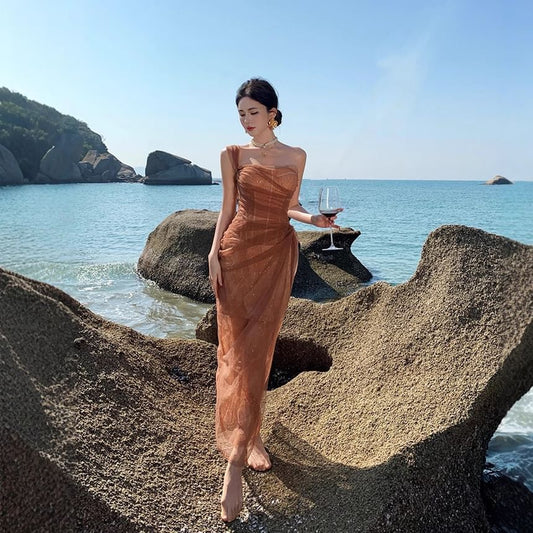 Sleeveless One Shoulder Sheer Ruffle Sequin Maxi Evening Gown