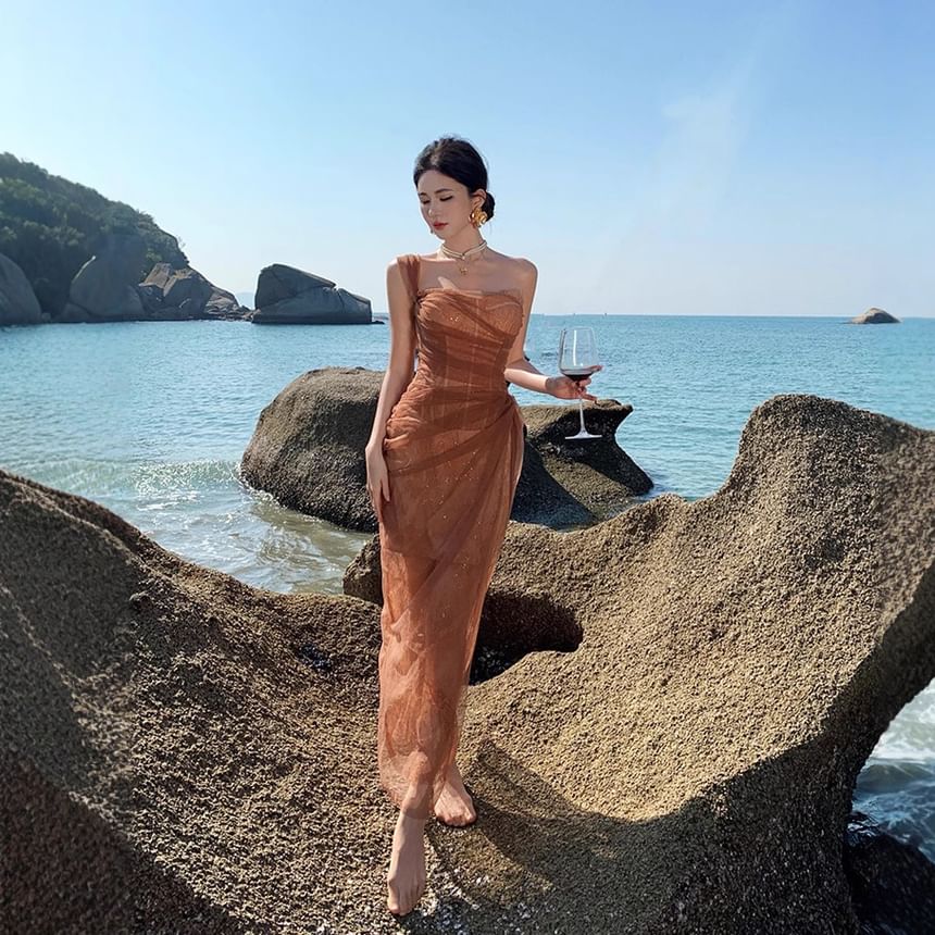 Sequin Maxi Sleeveless Gown Ruffle Shoulder One Sheer Evening